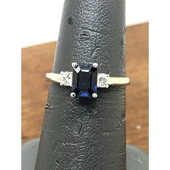Emerald Cut Blue Gemstone Diamond Engagement Cocktail Ring 14k Gold Women's SZ 7